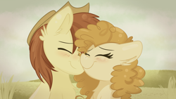 Size: 3840x2160 | Tagged: safe, artist:lbrcloud, derpibooru import, bright mac, pear butter, earth pony, pony, g4, blushing, brightbutter, bust, eyes closed, female, field, high res, male, mare, nuzzling, shipping, smiling, stallion, straight