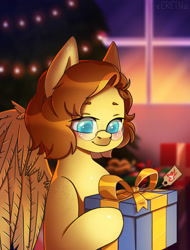 Size: 1522x2000 | Tagged: safe, artist:erein, derpibooru import, oc, oc:yuris, pegasus, pony, blushing, brown mane, bust, chibi, christmas, christmas lights, christmas presents, christmas tree, commission, cute, cutie mark, ears up, female, garland, glasses, holiday, icon, indoors, pegasus oc, portrait, present, room, smiling, solo, string lights, tree, turquoise eyes, window, wingding eyes, wings, ych result
