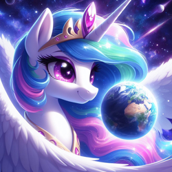 Size: 1024x1024 | Tagged: safe, ai content, derpibooru import, generator:dall-e 3, machine learning generated, princess celestia, oc, oc:celestai, alicorn, pony, fanfic:friendship is optimal, g4, artificial intelligence, crown, earth, ethereal mane, fanfic art, female, goddess, horn, jewelry, macro, mare, peytral, planet, pony bigger than a planet, prompter:tyto4tme4l, regalia, smiling, solo, space, stars, wings