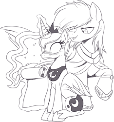 Size: 1421x1517 | Tagged: safe, artist:nauyaco, derpibooru import, princess luna, oc, pony, blushing, concave belly, crown, duo, ethereal mane, eyelashes, female, glowing, glowing horn, horn, jewelry, large wings, magic, mare, missing limb, monochrome, partially open wings, peytral, raised hoof, raised leg, regalia, scroll, shocked, shocked expression, simple background, sitting, size difference, sketch, slim, standing, starry mane, telekinesis, thin, white background, wings