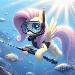 Size: 1024x1024 | Tagged: safe, ai content, derpibooru import, generator:dall-e 3, machine learning generated, fluttershy, fish, pegasus, pony, g4, bubble, clothes, crepuscular rays, dive mask, diving, female, goggles, gun, holding, looking at you, mare, prompter needed, seaweed, solo, spread wings, swimming, underwater, vest, water, weapon, wings, wrong cutie mark