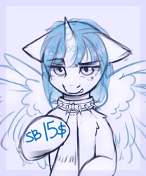 Size: 2500x3000 | Tagged: safe, artist:moewwur, artist:rin-mandarin, derpibooru import, oc, pony, unicorn, any gender, any race, auction open, bell, bell collar, collar, commission, halfbody, horn, leash, looking at you, pegasus wings, sketch, spikes, spread wings, unicorn oc, wings, your character here