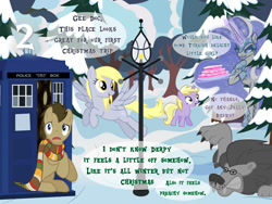 Size: 827x621 | Tagged: safe, artist:bronybyexception, derpibooru import, derpy hooves, dinky hooves, doctor whooves, nightmare moon, big cat, earth pony, lion, pegasus, unicorn, g4, advent calendar, clothes, doctor who, female, filly, foal, fourth doctor's scarf, jadis, lamppost, male, mare, narnia, scarf, snow, stallion, striped scarf, tardis, the white witch, turkish delight