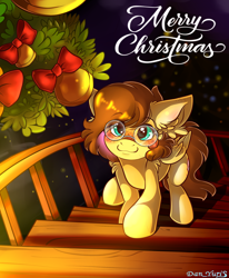 Size: 1700x2064 | Tagged: safe, artist:yuris, derpibooru import, oc, oc:yuris, pegasus, pony, bell, blushing, christmas, commission, cute, ears back, glasses, holiday, house, indoors, looking at you, looking up, looking up at you, room, smiling, solo, staircase, ych result