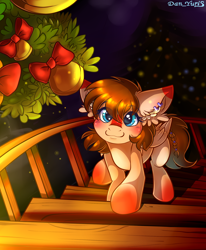 Size: 1700x2064 | Tagged: safe, artist:yuris, derpibooru import, oc, oc:erin rorien, pegasus, pony, bell, blue eyes, blushing, brown mane, christmas, christmas lights, christmas tree, commission, cute, ear piercing, ears back, female, garland, holiday, house, indoors, looking at you, looking up, looking up at you, pegasus oc, piercing, room, smiling, solo, staircase, string lights, tree, wings, ych result