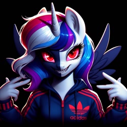 Size: 1024x1024 | Tagged: safe, ai content, derpibooru import, generator:dall-e 3, machine learning generated, oc, oc only, alicorn, anthro, g4, adidas, clothes, dark background, double face, ears up, eyelashes, eyes open, fangs, female, gopnik, horn, looking at you, multicolored hair, prompter:rektpay, red eyes, simple background, smiling, smiling at you, solo, spread wings, suit, wings