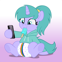 Size: 5000x5000 | Tagged: safe, artist:jhayarr23, derpibooru import, oc, oc only, oc:lilly blossom, pony, unicorn, :t, cellphone, clothes, diaper, food, gradient background, hoodie, non-baby in diaper, phone, ponytail, popsicle, smartphone, solo