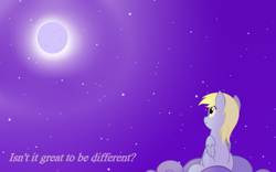 Size: 4500x2800 | Tagged: safe, artist:1mber_angul, derpibooru import, derpy hooves, pegasus, pony, cloud, female, moon, night, sitting, sky background, solo, stars, text