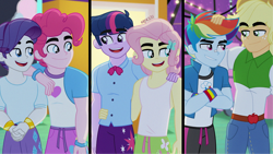 Size: 2384x1341 | Tagged: safe, artist:orin331, derpibooru import, applejack, applejack (male), bubble berry, butterscotch, dusk shine, elusive, fluttershy, pinkie pie, rainbow blitz, rainbow dash, rarity, twilight sparkle, equestria girls, perfect day for fun, crossed arms, equestria guys, fake screencap, hand on hip, hand on shoulder, humane five, humane six, looking at each other, looking at someone, male, rule 63, scene interpretation, smiling, smiling at each other