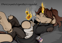 Size: 3850x2670 | Tagged: safe, artist:singovih, derpibooru import, oc, oc only, oc:mad star, pony, unicorn, fallout equestria, cigarette, clothes, fallout, lighter, magic, manga style, smoke, smoking, solo, telekinesis, text