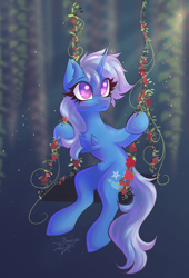 Size: 866x1276 | Tagged: safe, artist:jsunlight, derpibooru import, trixie, pony, unicorn, alternate hairstyle, chest fluff, flower, short hair, smiling, solo, swing