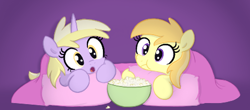 Size: 469x206 | Tagged: safe, artist:algoatall, derpibooru import, dinky hooves, noi, earth pony, pony, unicorn, :o, blanket, bowl, cute, eating, female, filly, foal, food, open mouth, pillow, popcorn, watching tv