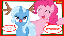 Size: 1366x768 | Tagged: safe, artist:ericgthompson03, derpibooru import, pinkie pie, trixie, earth pony, pony, unicorn, antlers, eyes closed, female, holiday, red nose, rudolph nose, rudolph the red nosed reindeer, singing, song reference, trixie is not amused, unamused