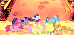 Size: 1331x630 | Tagged: safe, derpibooru import, applejack, fluttershy, pinkie pie, rainbow dash, rarity, twilight sparkle, twilight sparkle (alicorn), alicorn, earth pony, pegasus, pony, unicorn, full friendships magic, mane six, scroll, sleeping