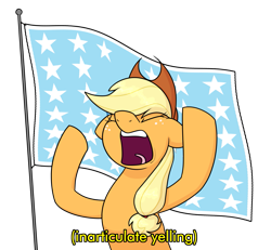 Size: 1521x1407 | Tagged: safe, alternate version, artist:moonatik, derpibooru import, applejack, earth pony, pony, g4, applejack's hat, bill dauterive, clothes, cowboy hat, equestrian flag, female, hat, king of the hill, mare, ponytail, simple background, solo, transparent background, waving, yelling