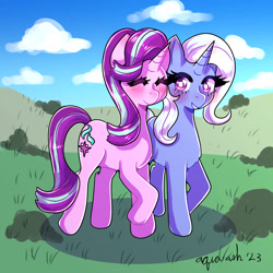 Size: 2048x2048 | Tagged: safe, artist:aquamarineartsblog, artist:mylittleyuri, derpibooru import, starlight glimmer, trixie, pony, unicorn, blushing, duo, smiling