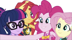 Size: 4303x2403 | Tagged: safe, derpibooru import, edit, edited screencap, editor:homersimpson1983, screencap, fluttershy, pinkie pie, sci-twi, sunset shimmer, twilight sparkle, human, equestria girls, bikini, clothes, female, group photo, not a vector, simple background, swimsuit, transparent background