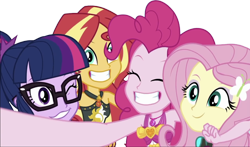 Size: 4298x2520 | Tagged: safe, derpibooru import, edit, edited screencap, editor:homersimpson1983, screencap, fluttershy, pinkie pie, sci-twi, sunset shimmer, twilight sparkle, background removed, bikini, clothes, eyes closed, female, group photo, not a vector, one eye closed, simple background, smiling, swimsuit, transparent background, wink