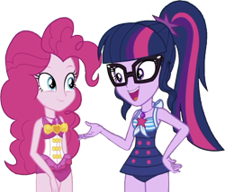 Size: 2940x2520 | Tagged: safe, derpibooru import, edit, edited screencap, editor:homersimpson1983, screencap, pinkie pie, sci-twi, twilight sparkle, human, equestria girls, background removed, bikini, clothes, female, not a vector, simple background, swimsuit, transparent background