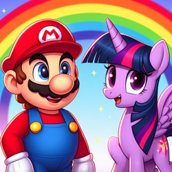 Size: 1024x1024 | Tagged: safe, ai content, artist:user15432, derpibooru import, generator:bing image creator, machine learning generated, twilight sparkle, twilight sparkle (alicorn), alicorn, human, pony, alternate cutie mark, crossover, female, male, mario, nintendo, obligatory pony, rainbow, super mario bros.