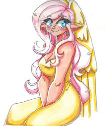 Size: 2070x2480 | Tagged: safe, artist:mylittleyuri, derpibooru import, fluttershy, human, blushing, breasts, cleavage, clothes, colored pencil drawing, dress, ear piercing, earring, elf ears, eye clipping through hair, eyebrows, eyebrows visible through hair, female, high res, hooped earrings, hootershy, humanized, jewelry, piercing, simple background, sitting, smiling, solo, traditional art, white background, winged humanization, wings