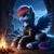 Size: 1024x1024 | Tagged: safe, ai content, machine learning generated, rainbow dash, pegasus, pony, armor, bing, female, fire, mare, night, ruins, sad, sitting, solo, spread wings, weapon