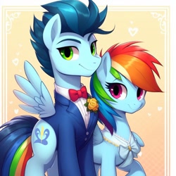 Size: 1024x1024 | Tagged: safe, ai content, derpibooru import, edit, editor:i-shooped-a-pwny, generator:bing image creator, machine learning generated, rainbow dash, soarin', pegasus, pony, g4, clothes, dress, duo, female, male, mare, prompter:*rainbow dash*, shipping, soarindash, stallion, straight, suit