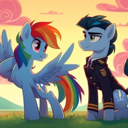 Size: 1024x1024 | Tagged: safe, ai content, derpibooru import, edit, editor:i-shooped-a-pwny, generator:bing image creator, machine learning generated, rainbow dash, soarin', pegasus, pony, g4, backwards cutie mark, dress uniform, duo, female, male, mare, prompter:*rainbow dash*, shipping, soarindash, stallion, straight, sunset