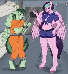 Size: 3200x3500 | Tagged: safe, artist:bobby_dogthing, derpibooru import, oc, oc only, oc:eden shallowleaf, oc:galactic lights, anthro, pegasus, bed, belly button, blushing, bound wings, bunk bed, clothes, commissioner:rainbowdash69, cuffed, cuffs, duo, front knot midriff, jail, jail cell, jumpsuit, key, midriff, nervous, nervous smile, never doubt rainbowdash69's involvement, pegasus oc, police uniform, prison, prison cell, prison outfit, shackles, shirt, smiling, wings