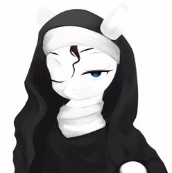 Size: 2139x2160 | Tagged: safe, artist:some_ponu, derpibooru import, pony, female, lidded eyes, looking at you, mare, monochrome, nun, nun outfit, one eye closed, simple background, solo, stray strand, white background