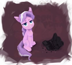Size: 1614x1440 | Tagged: safe, artist:some_ponu, derpibooru import, diamond tiara, earth pony, pony, g4, broken, computer, diamond tiara is not amused, female, filly, foal, laptop computer, lidded eyes, looking at you, passepartout, sitting, solo, unamused