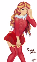 Size: 1290x2160 | Tagged: safe, artist:some_ponu, derpibooru import, sunset shimmer, human, g4, bow, christmas, clothes, cross earring, dress, ear piercing, earring, female, holiday, humanized, jewelry, knees pressed together, looking at you, one eye closed, piercing, schrödinger's pantsu, simple background, skirt, skirt pull, smiling, socks, solo, thigh highs, white background, wink