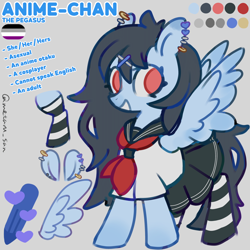 Size: 4096x4096 | Tagged: safe, artist:metaruscarlet, derpibooru import, oc, oc only, oc:anime-chan, pegasus, pony, asexual, asexual pride flag, clothes, color palette, cosplay, costume, ear piercing, earring, english, gray background, hairclip, hairpin, jewelry, open mouth, open smile, pegasus oc, piercing, pleated skirt, pride, pride flag, pronouns, red eyes, reference sheet, sailor uniform, simple background, skirt, smiling, socks, spread wings, standing, striped socks, uniform, wings