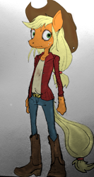 Size: 795x1497 | Tagged: safe, artist:freakazoidthunk, derpibooru import, applejack, anthro, earth pony, g4, boots, country hick, cowboy boots, cowboy hat, farmer, hat, hick, mlha, my little hazards area, parody, shoes, solo