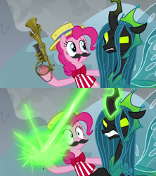 Size: 910x1024 | Tagged: safe, derpibooru import, edit, edited screencap, editor:victorfazbear, screencap, pinkie pie, queen chrysalis, changeling, changeling queen, earth pony, pony, g4, the ending of the end, 2 panel comic, angry, bowtie, chrysalis blasts things, comic, duo, facial hair, fake moustache, female, hat, hoof hold, moustache, rainblower, screencap comic, straw hat, team fortress 2, ultimate chrysalis