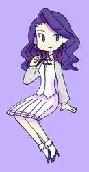 Size: 323x623 | Tagged: safe, artist:raito toko, derpibooru import, rarity, human, g4, clothes, ear piercing, earring, female, high heels, humanized, jewelry, light skin, no nose, piercing, pixiv, pleated skirt, purple background, shoes, simple background, skirt, smiling, solo