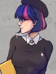 Size: 2400x3200 | Tagged: safe, artist:suracao, derpibooru import, twilight sparkle, human, g4, alternate hairstyle, breasts, bust, clothes, female, glasses, gray background, head turn, headlight sparkle, high res, humanized, short hair, signature, simple background, smiling, solo, sweater