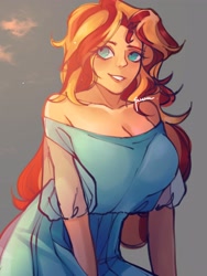 Size: 2400x3200 | Tagged: safe, artist:suracao, derpibooru import, sunset shimmer, human, g4, big breasts, breasts, cleavage, clothes, dress, gray background, grin, high res, humanized, see-through sleeves, signature, simple background, smiling, solo, sunset jiggler