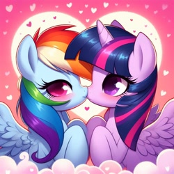 Size: 1024x1024 | Tagged: safe, ai content, derpibooru import, generator:bing image creator, machine learning generated, rainbow dash, twilight sparkle, twilight sparkle (alicorn), alicorn, pegasus, pony, g4, cute, female, kiss on the lips, kissing, lesbian, prompter:dhayi, shipping, twidash