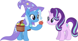 Size: 9746x5129 | Tagged: safe, artist:starryshineviolet, derpibooru import, starlight glimmer, trixie, pony, unicorn, g4, rainbow roadtrip, absurd resolution, apple, bag, cape, clothes, duo, duo female, female, food, hat, mare, offering, raised hoof, raised leg, saddle bag, simple background, transparent background, trixie's cape, trixie's hat, vector