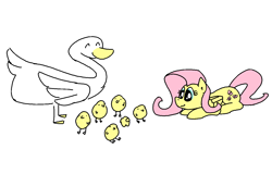 Size: 1340x860 | Tagged: safe, artist:purblehoers, derpibooru import, fluttershy, bird, duck, pegasus, pony, g4, among us, birb, female, happy, lying down, mare, ms paint, round, simple background, smiling, white background