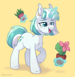 Size: 1926x1965 | Tagged: safe, artist:skysorbett, derpibooru import, oc, oc only, pony, unicorn, cactus, chest fluff, ear piercing, earring, eyebrows, female, flower pot, freckles, glowing, glowing horn, horn, jewelry, levitation, lidded eyes, magic, magic aura, mare, oc name needed, open mouth, open smile, piercing, plant, simple background, smiling, solo, telekinesis, unicorn oc