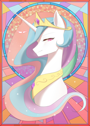 Size: 2000x2800 | Tagged: safe, artist:jijizi, derpibooru import, princess celestia, alicorn, pony, equestria at war mod, bust, female, high res, jewelry, looking at you, mare, nimbus, passepartout, peytral, portrait, profile, regalia, solo, stained glass