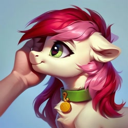 Size: 1024x1024 | Tagged: safe, ai content, derpibooru import, generator:purplesmart.ai, generator:stable diffusion, machine learning generated, roseluck, earth pony, human, pony, g4, behaving like a cat, chest fluff, collar, female, female focus, hand, human on pony petting, offscreen character, offscreen human, pet tag, petting, pony pet, prompter:doom9454, rosepet, simple background, smiling, solo focus