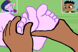 Size: 1087x735 | Tagged: safe, artist:yungdeez, derpibooru import, twilight sparkle, oc, oc:spidoor, equestria girls, barefoot, feet, fetish, foot fetish, foot focus, foot massage, soles, toes