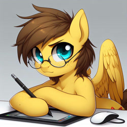 Size: 1524x1524 | Tagged: safe, ai content, derpibooru exclusive, derpibooru import, machine learning generated, oc, oc only, oc:yuris, mouse, pegasus, pony, apple magic mouse, computer mouse, drawing, ears up, female, freckles, glasses, graphics tablet, looking at you, mare, prompter needed, sitting, smiling, smiling at you, solo, stylus, tablet