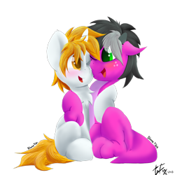 Size: 2048x2048 | Tagged: safe, artist:dianetgx, derpibooru import, oc, oc only, oc:axle bright, oc:diane tgx, dracony, dragon, hybrid, unicorn, 2024 community collab, blushing, couple, derpibooru community collaboration, female, husband and wife, looking at each other, looking at someone, male, married couple, signature, simple background, sitting, smiling, transparent background