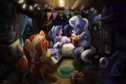 Size: 6000x4000 | Tagged: safe, artist:flvski, derpibooru import, starlight glimmer, sunset shimmer, trixie, pony, unicorn, g4, absurd file size, absurd resolution, christmas wreath, clothes, crystal ball, female, hat, looking at you, lying down, mare, mug, pillow, present, prone, sitting, smiling, trixie's hat, trixie's wagon, wagon, wreath