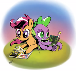 Size: 2048x1934 | Tagged: safe, artist:brdte, derpibooru import, mane-iac, scootaloo, spike, dragon, pegasus, pony, g4, comic, comic book, commission, duo, female, filly, foal, lying down, male, power ponies, prone, reading, ship:scootaspike, shipping, sitting, smiling, straight, winged spike, wings