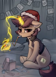 Size: 1026x1400 | Tagged: safe, artist:breakdream, derpibooru import, oc, oc only, oc:lavrushka, unicorn, christmas, female, holiday, merry christmas, solo